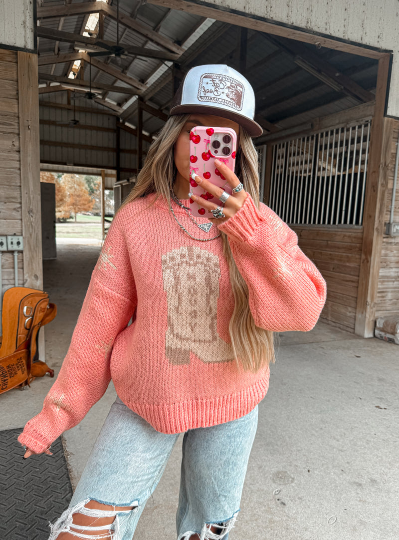 Howdy Boot Sweater- Coral