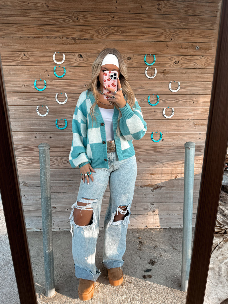 The Liz Checkered Cardigan- Turquoise