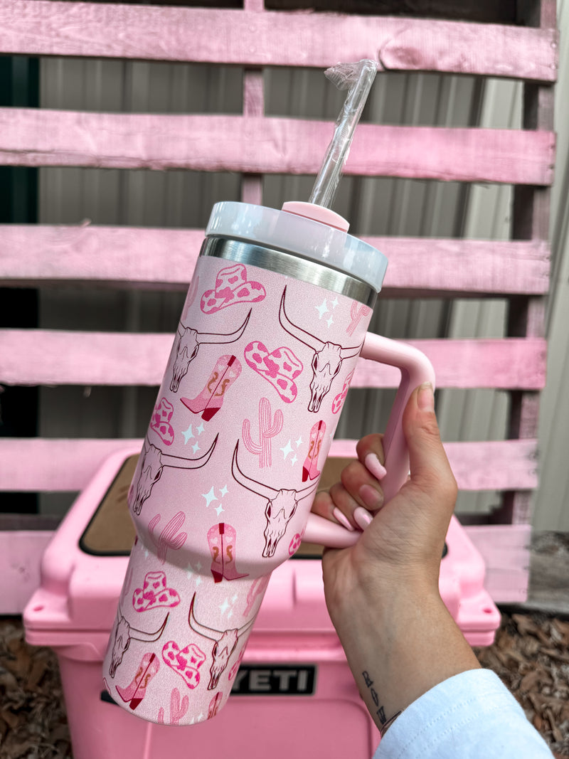 Longhorn Stainless Steel Tumbler- Pink 40oz