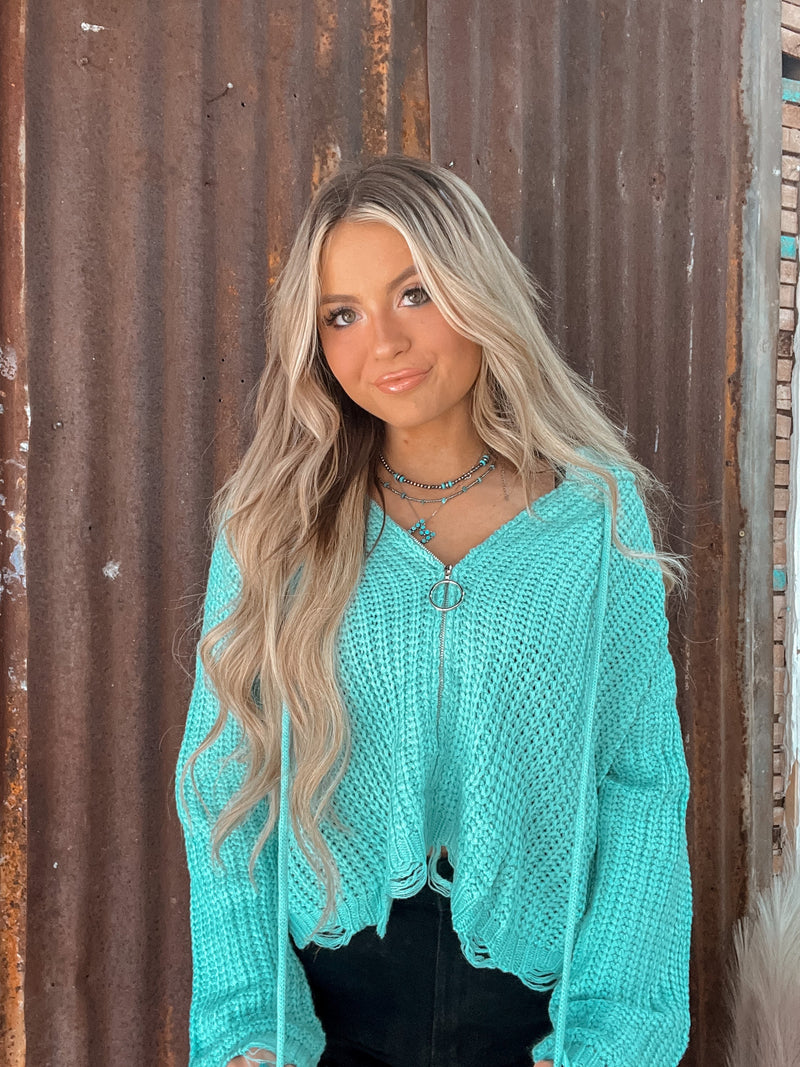 The Hallie Distressed Zip Up- Turquoise