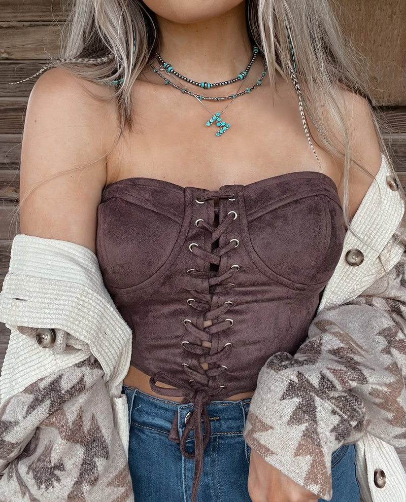 The Lori Lace Up Strapless Top- Mocha