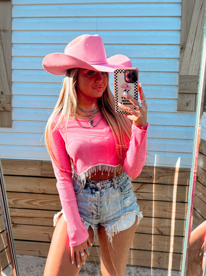 The Geraldine Rhinestone Top- Hot Pink